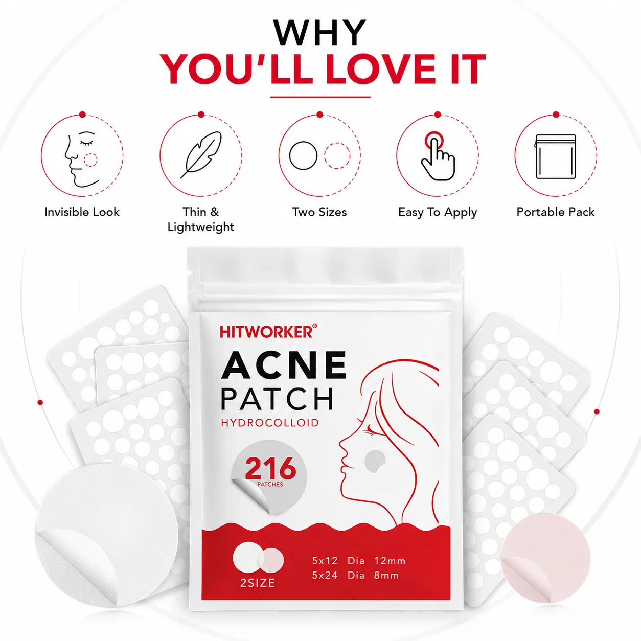 216pcs Hydrocolloid Pimple Patches, 2 Sizes Invisible Spot Cover Face Stickers, Water-Resistant Easy Peel Day Night Use image 6