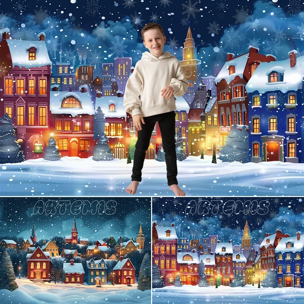 

Winter Christmas Backdrop Cartoon Style Town Falling Snow Beautiful Christmas Night Cityscape Background Photo Studio Photocall