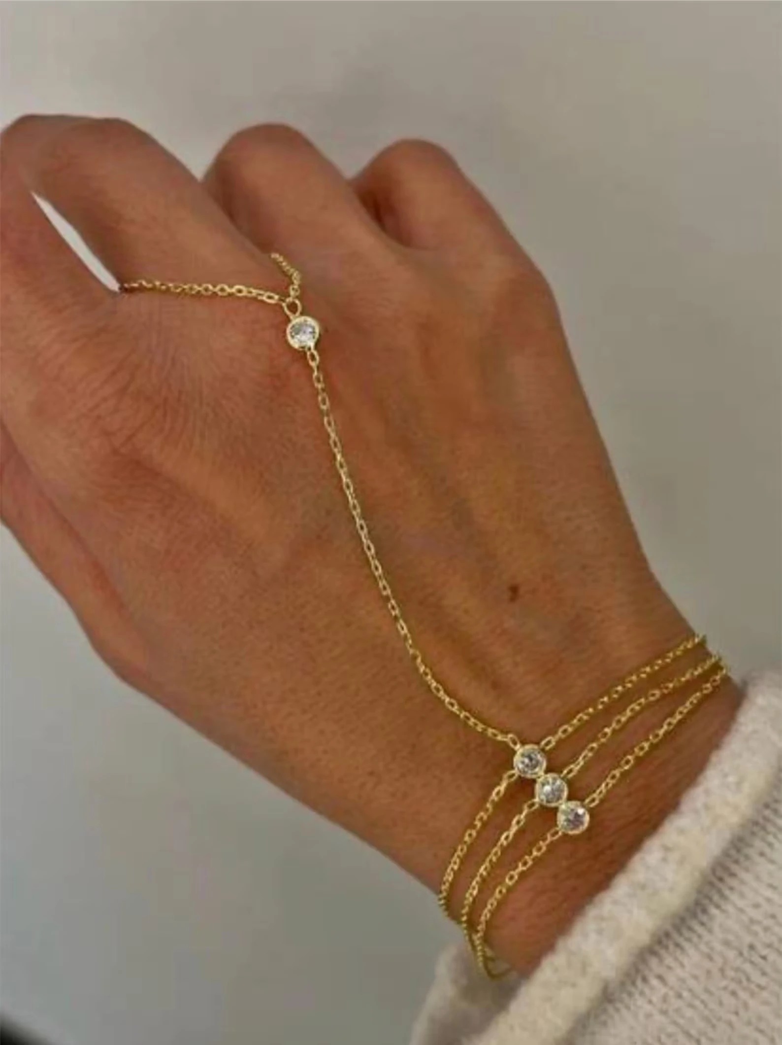 Minimalist Stackable 3 Layers Thin Hand Chain with Finger Ring Bracelet for Women Round Zircon Fashion Jewelry Wedding Party