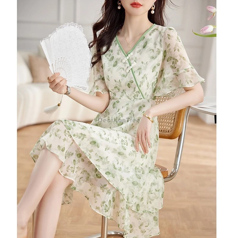 2024 new chinese style improved retro cheongsam sexy v-neck diagonal buckle daily slim qipao dress sweet nature printing dress