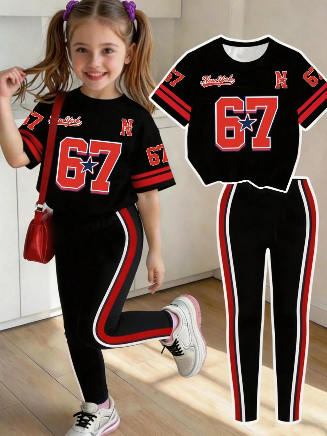 Girls' Summer and Autumn Casual Outfit, Children's Red Sports Style Set with 67 Letter Pattern Print, Regular Short-Sleeve Top + Long Leggings Two-Piece Set Suitable for Girls Aged 4-12