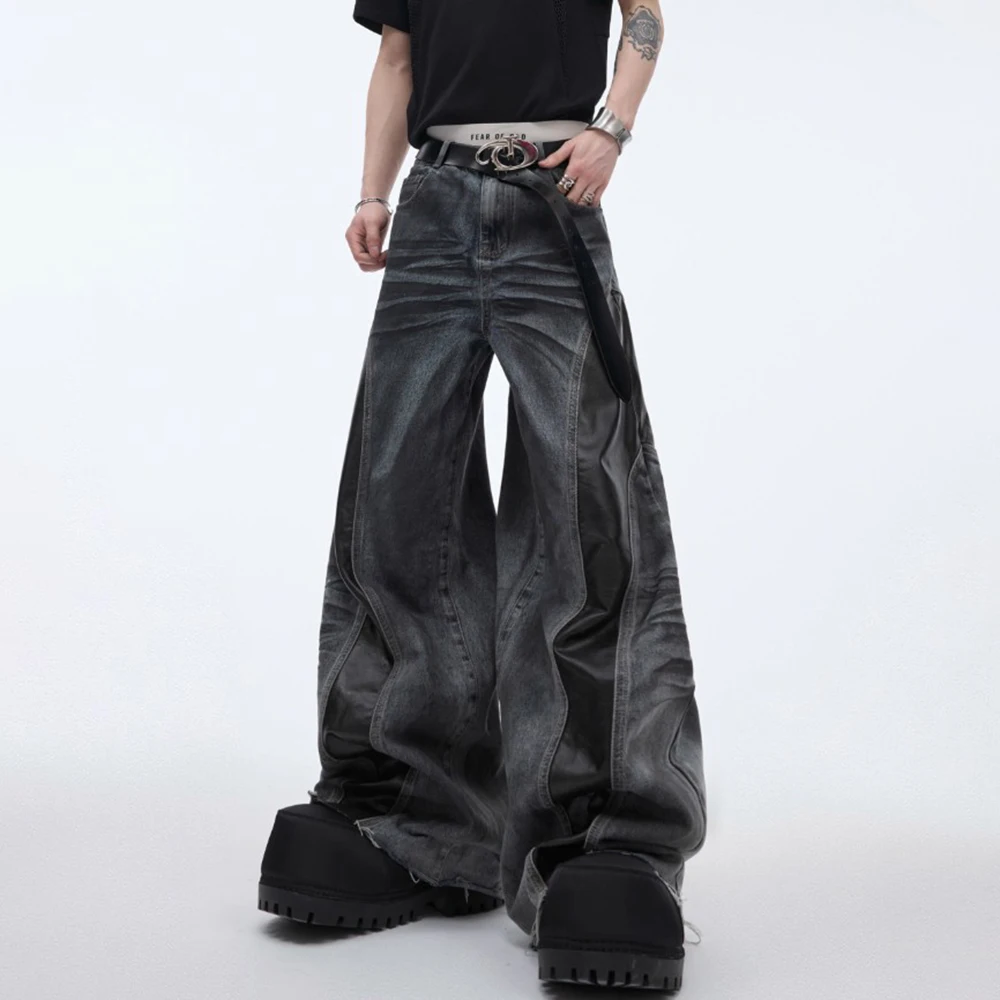 Herren Jeans Pu Leder Nähte Whisker Gewaschen Wildnis Stil Casual Hosen Streetwear Fashion Persönlichkeit Hosen Männer Tragen