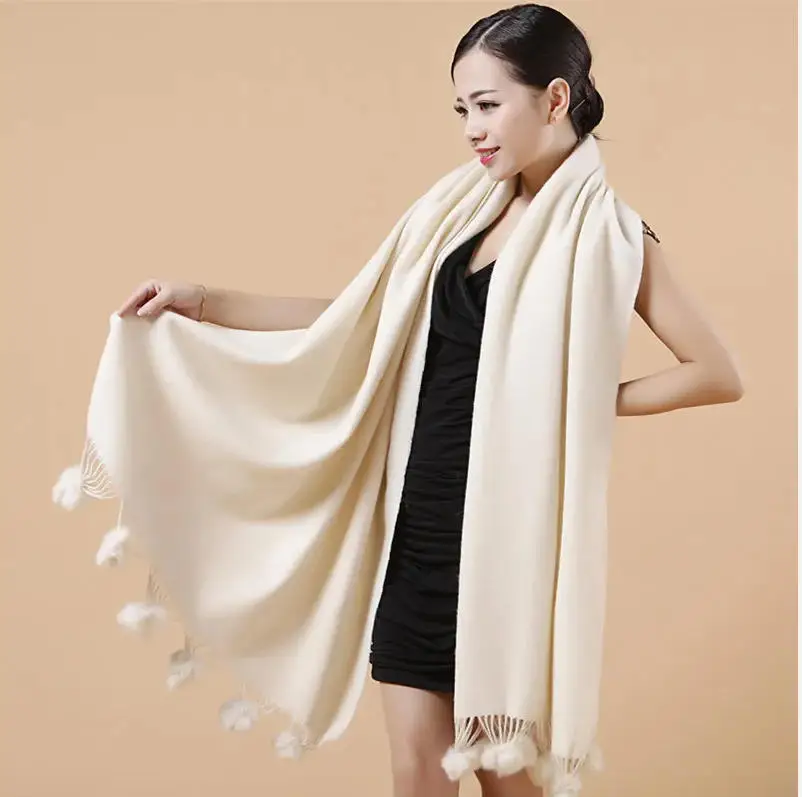 

Women's Winter Cashmere Wool Pashmina Scarf Muffler with Real Rabbit Fur Pompom Tassel - Warm Autumn Winter Shawl