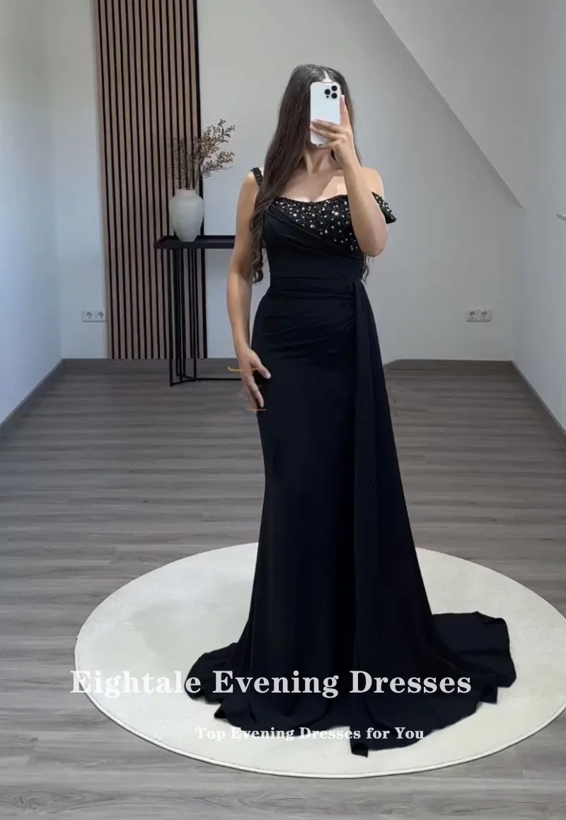 Eightale Vintage Evening Dress Beaded Pleats Off the Shoulder Black Mermaid Arabic Formal Prom Party Gowns Robes De Soirée