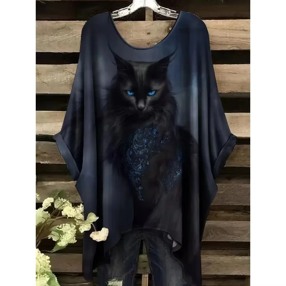 Women Loose Batwing Sleeve Print T Shirt Round Neck Short Sleeve Casual Top New European Style Ladies Daily Streetwear Versatile