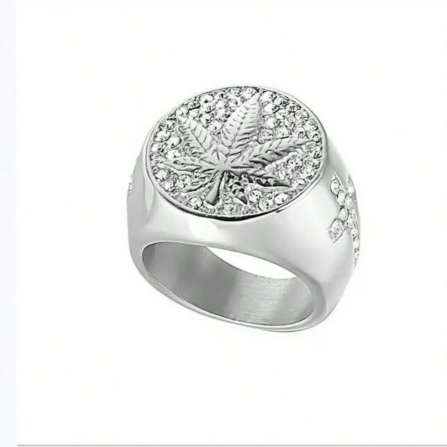 

Stainless Steel Men's Ring with Leaf Motif and Rhinestone Inlay