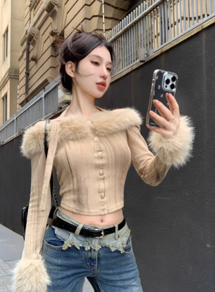 Autumn Winter Y2k Aesthetic Fluffy Sweater Slash Neck Off Shoulder Elegant Halter Crop Top Vintage Casual Fashion Pullover Women