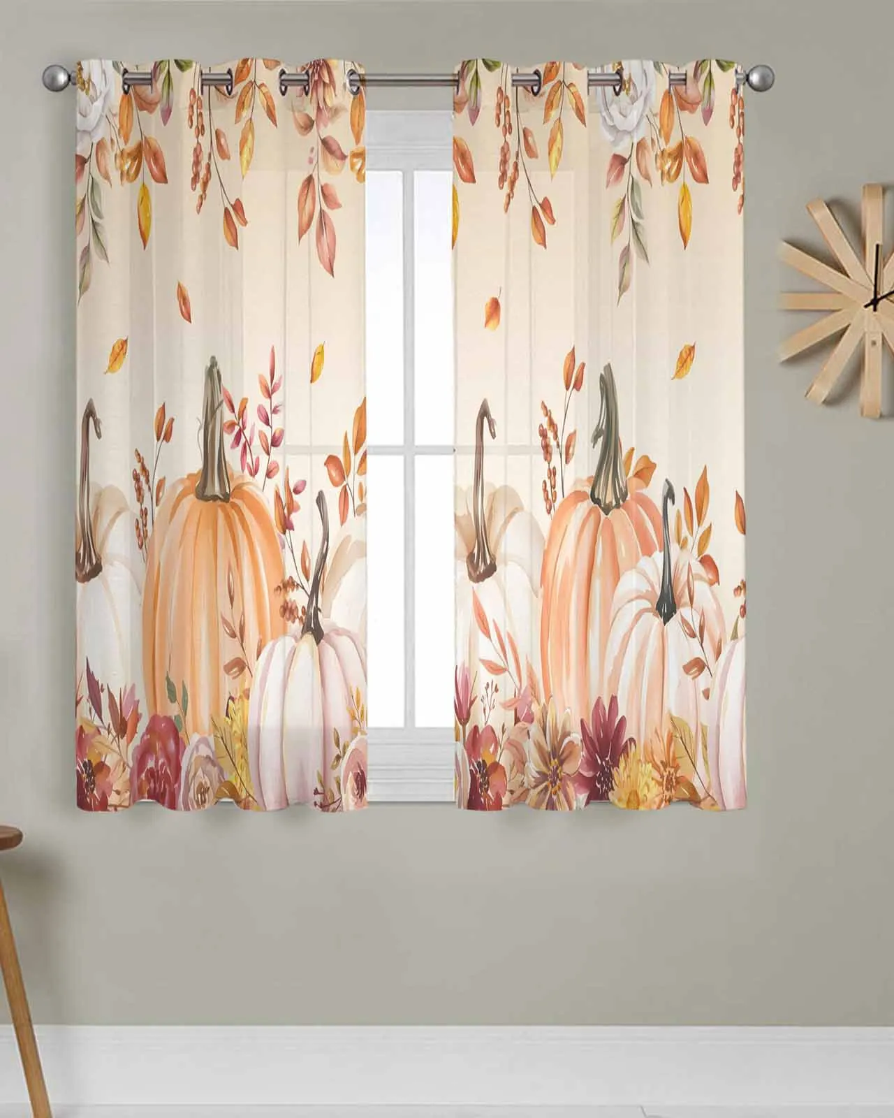 

Tulle Window Curtains Orange Gradient Autumn Pumpkin for Living Room Bedroom Transparent Chiffon Sheer Voile Window Curtain