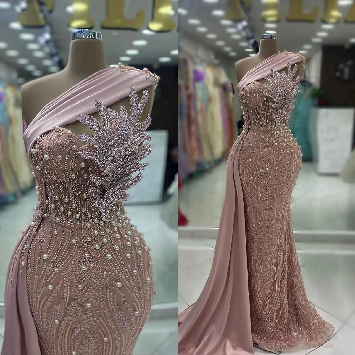 Luxury Evening Dresses Sleeveless Pearl Sequins Applique Party Prom Dress Robe De Soirée Custom Made