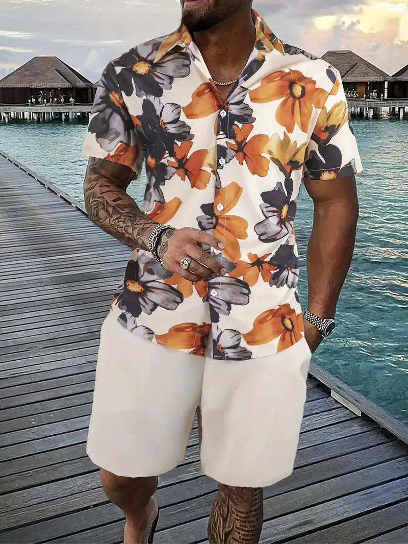 Men Shirt Sets 3d Print Retro Floral Stripe Short Sleeve Casual Oversized Beach Shorts Summer Streetwear Hawaiian Suits Clothes