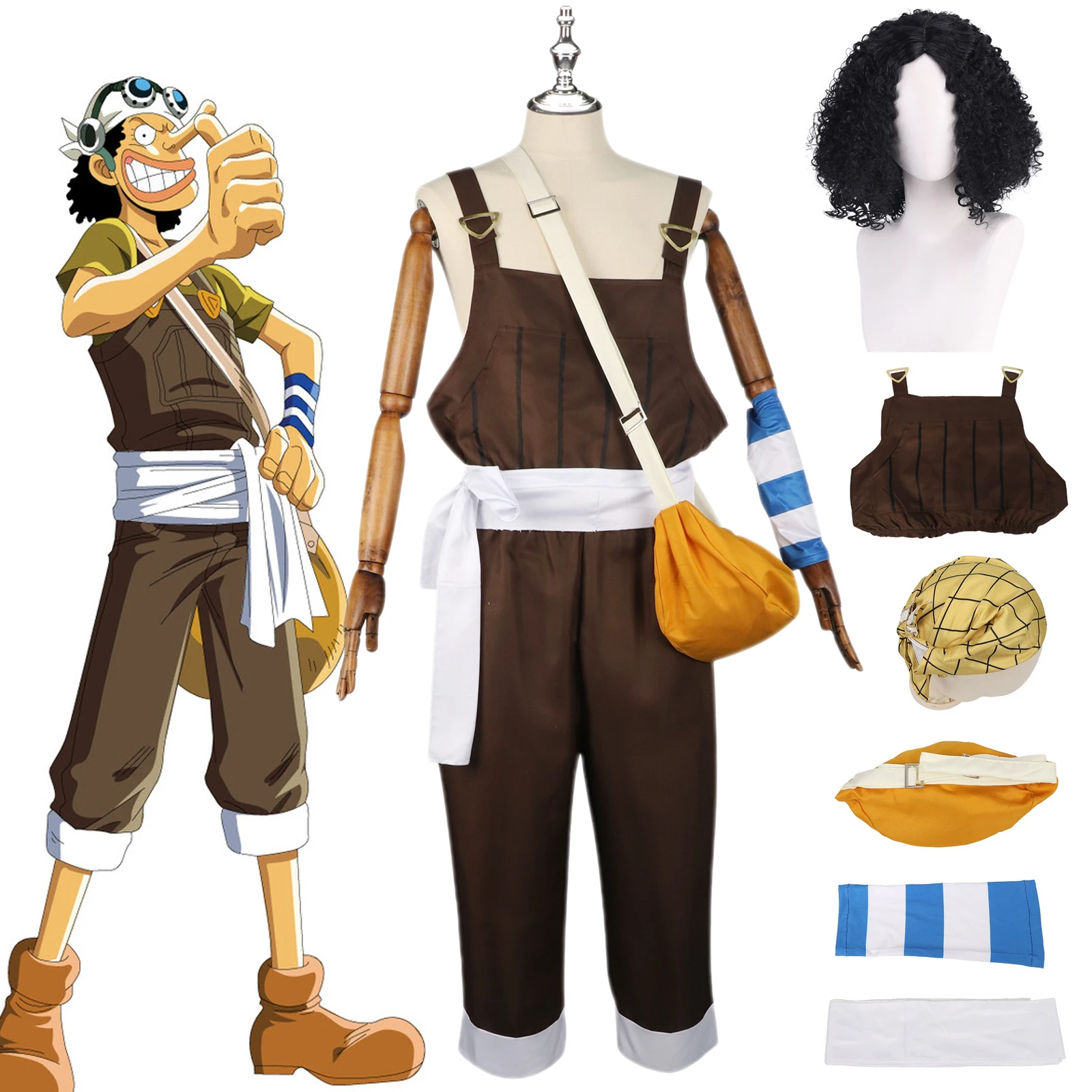 

Anime UUsopp Cosplay Costume Pirate Usopp Wig Brown Rompers Uniform Full Set Halloween Party Role Play Outfit Men Cos Outfits