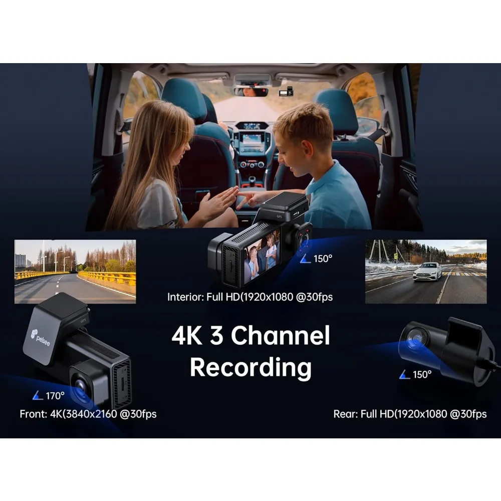 Pelsee 4K 3 Channel Dash Cam Front and Rear Inside, Dash Camera for Cars, 4K+1080P+1080P Dashcam with APP & WiFi, 64GB Card Incl
