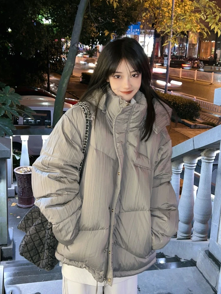 Streetwear Winter Pleated Warm Women Hooded Jacket Harajuku Zippers Loose Casual Tops 2024 All Match Pocket Y2k Aesthetic Coat