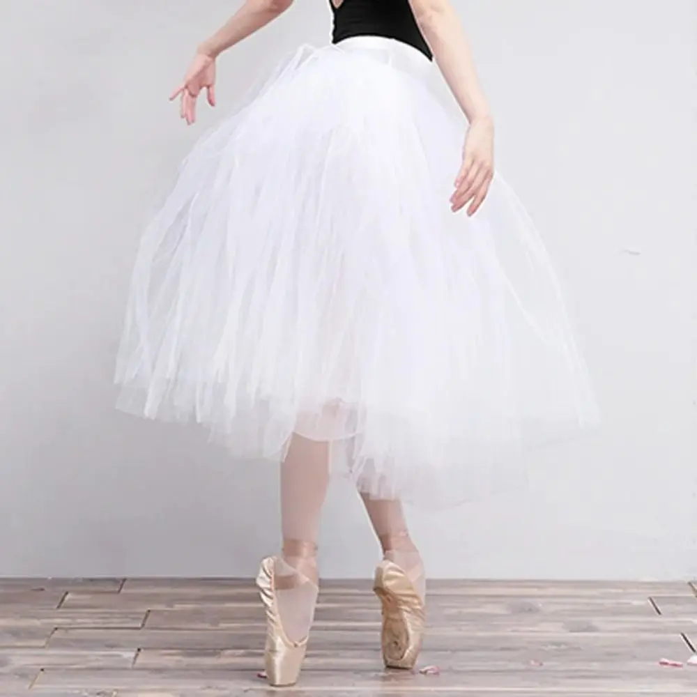 Classical White Ballet Tutu Elastic Waist Four Layer Ballerina Tutus Tulle Long Length Dance Tutus Women