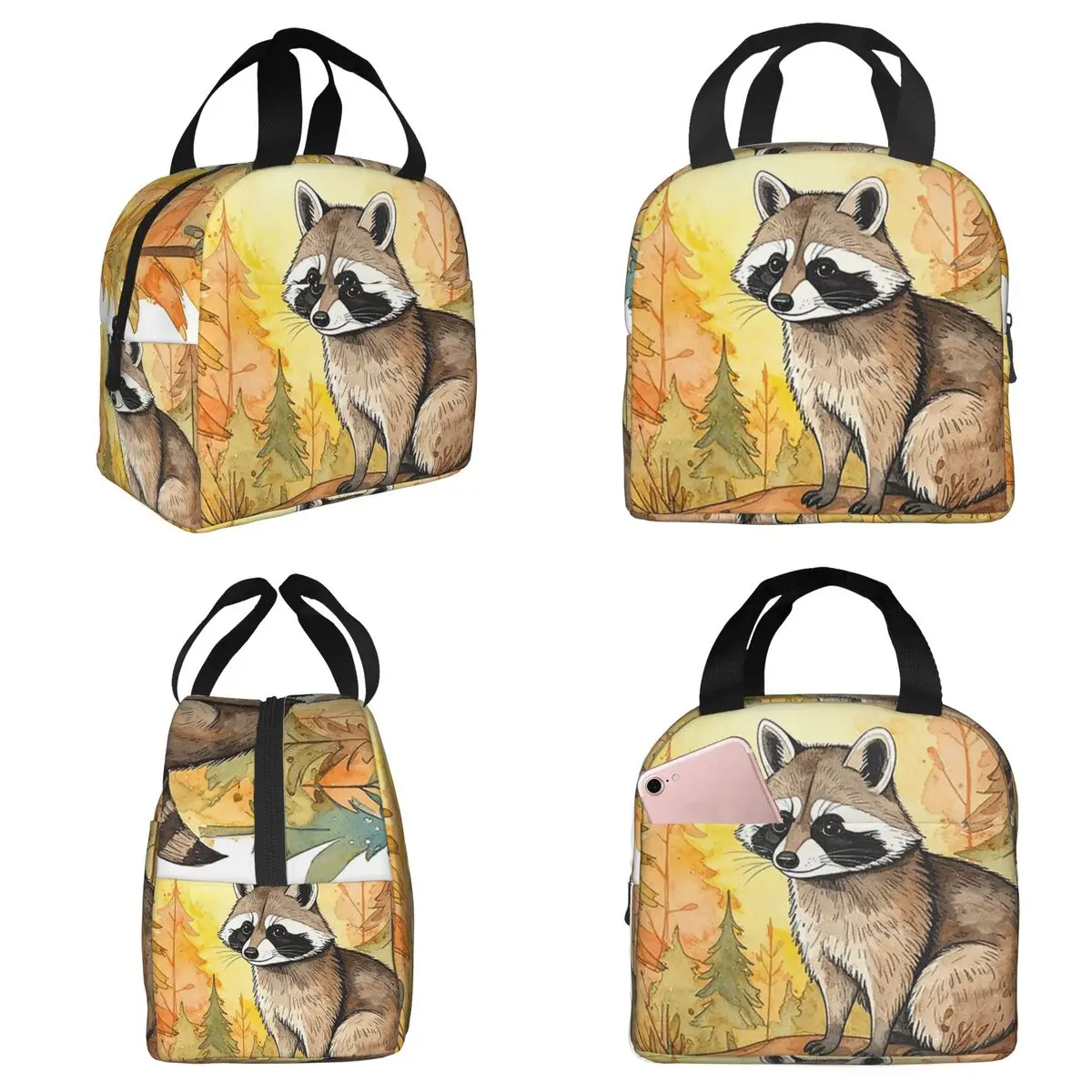 

Изолированная сумка для обеда с изображением мультяшного енота в лесу для детей, школьная термосумка-холодильник, портативный контейнер для еды