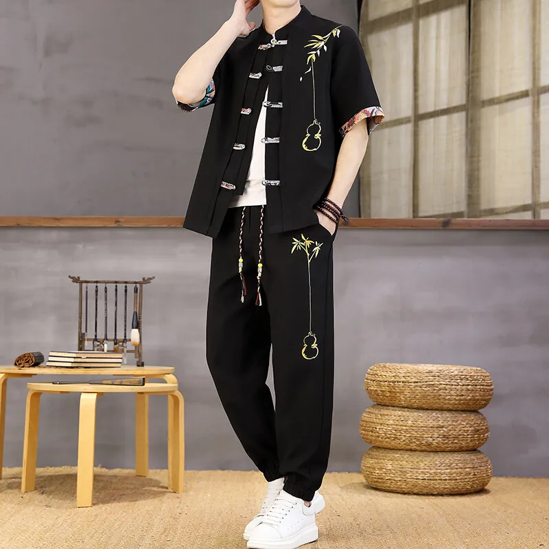 

Summer Men's Fashion New Tang Suit Casual Chinese Style Embroried Shirts Pant 2PCS Sportswear Cotton Linen Sets