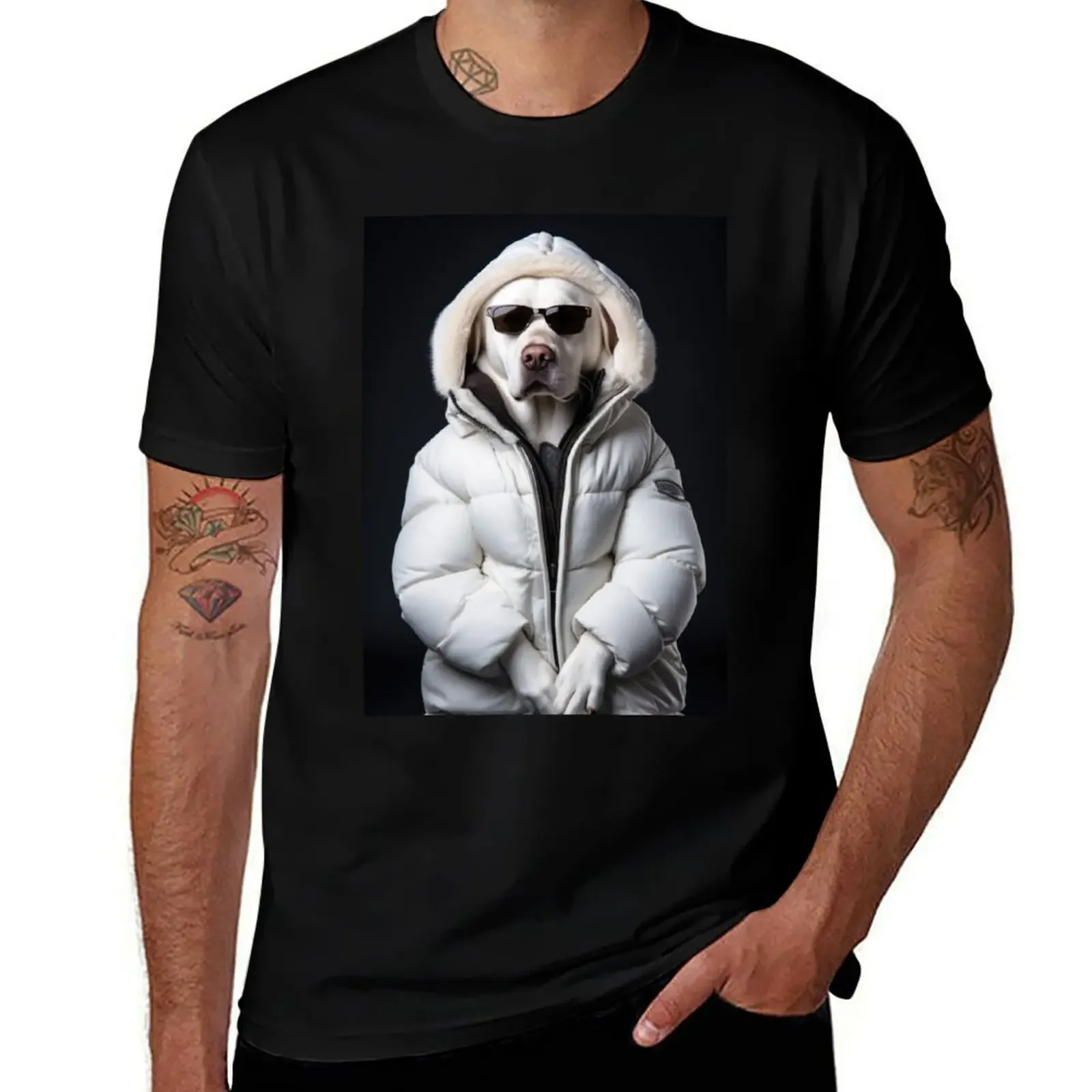 Labrador Dog dressed in white down jacket 02 T-Shirt tees designer shirts mens t shirts