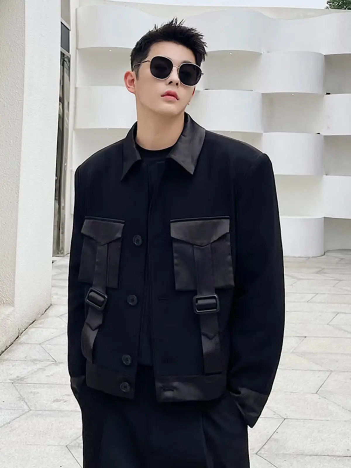 

Autumn Men's Workwear Jaet Korean Sle Pure Color Patchwork Belt Design Large ket Personali ort Outerwear