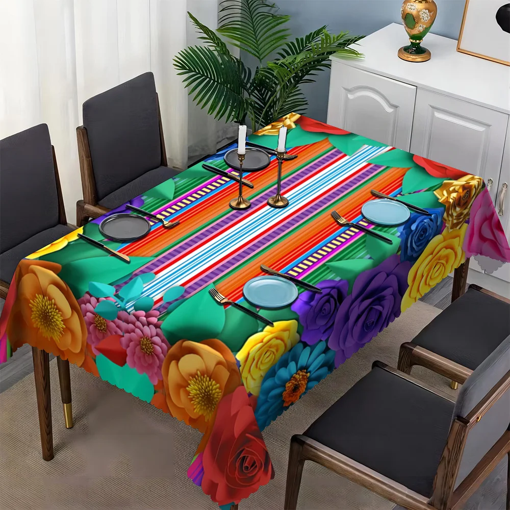 Bright Mexican Stripes Big Colorful Rose Table Cover Scalloped Edge Waterproof Tablecloth for Cinco De Mayo Fiesta Table Decor
