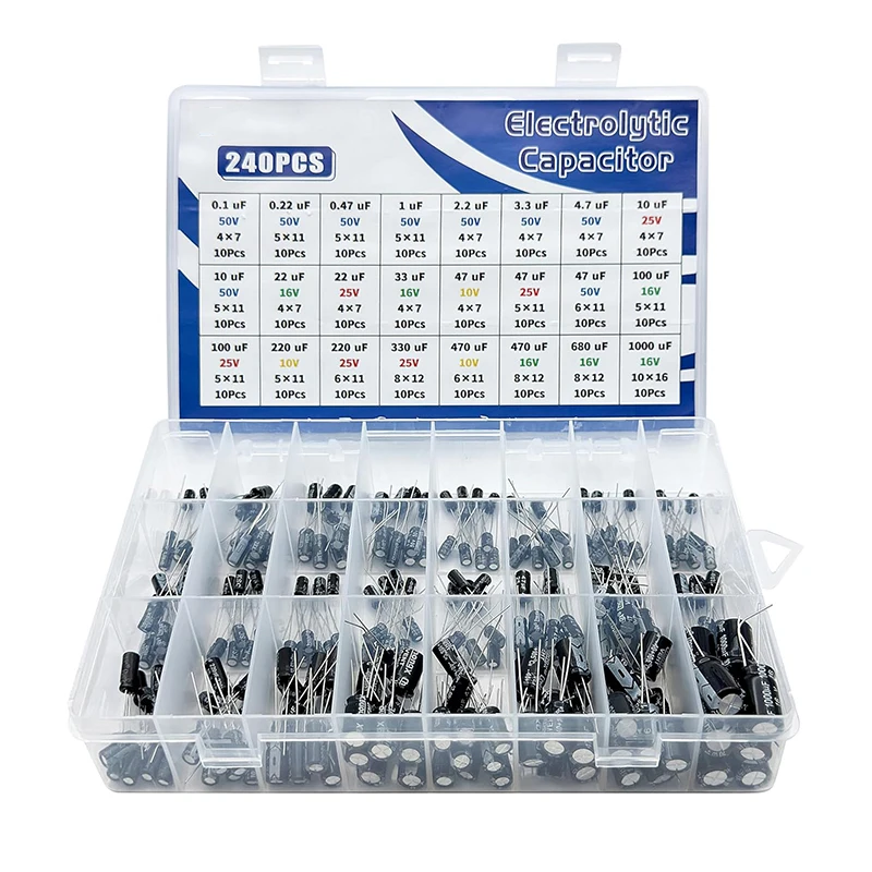 مجموعة متنوعة من مكثفات كهربائية 240 قطعة، مجموعة مكثفات ألومنيوم من 0.1 فائق التوهج إلى 1000 فائق التوهج، 10 فولت 16 فولت 25 فولت 50 فولت