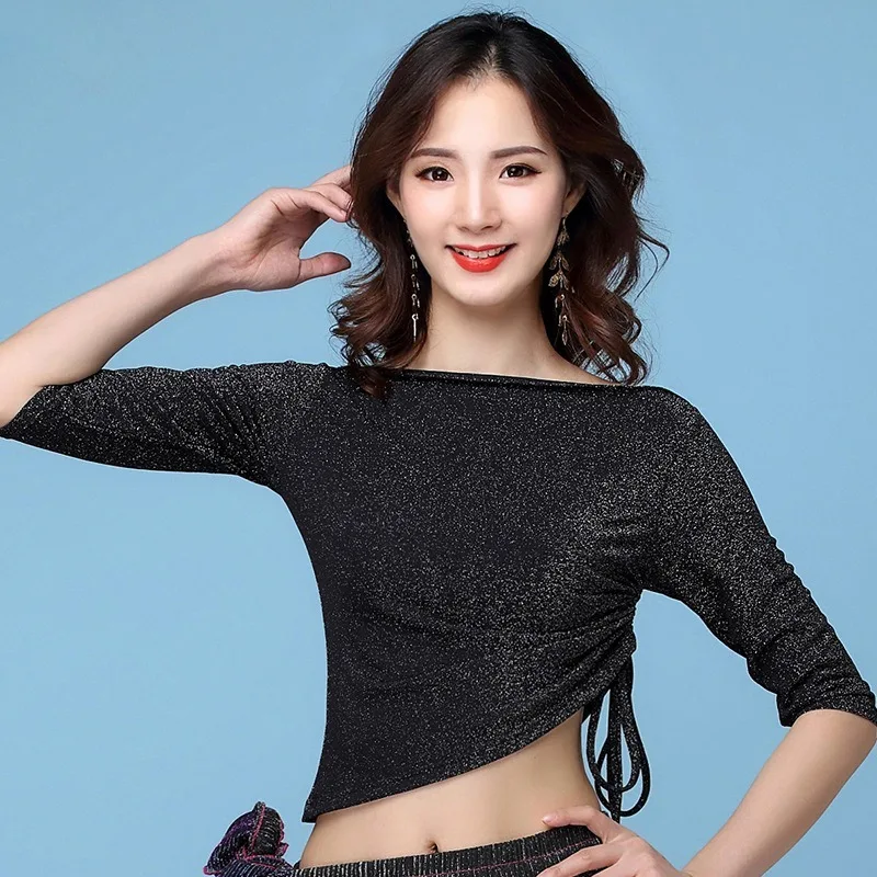 맞춤형 새로운 밸리 댄스 의상 연습 의류 실버 메쉬 사이드 드로우 스트링 탑 초보자를위한 연습 의류 성인용