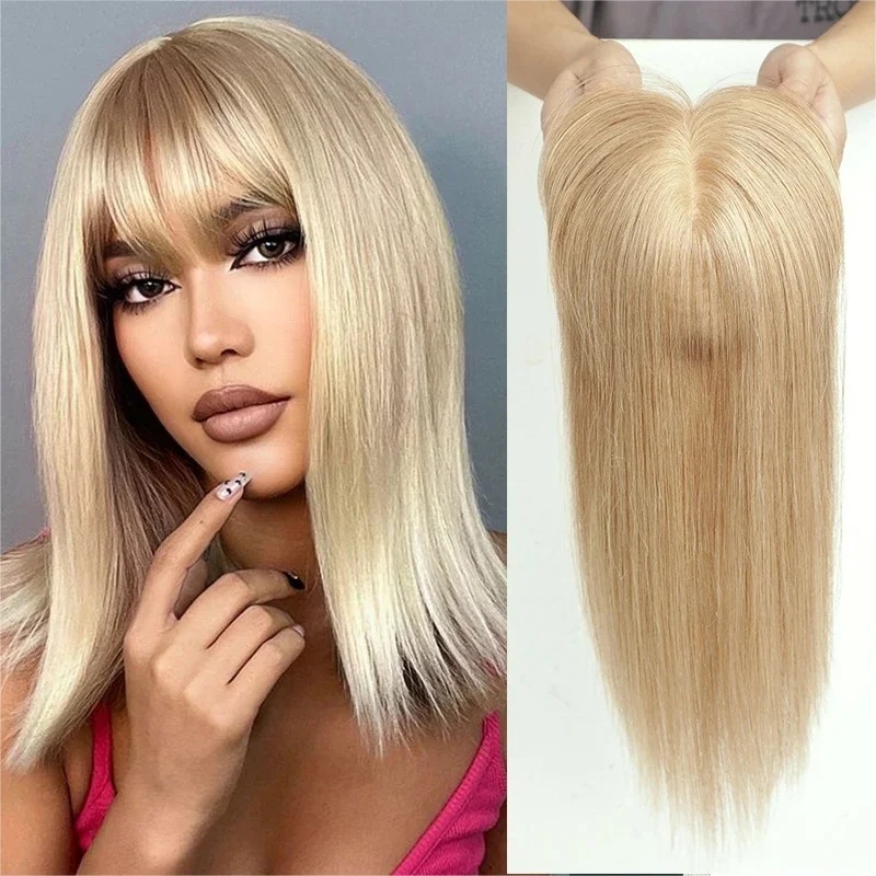 

Blonde Human Hair Toppers with Bangs 100% Real Remy Hair Topper Silk Base Clip in Hair Pieces for Women Afro Thinning Hair Wig