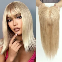 Blonde Human Hair Toppers with Bangs 100% Real Remy Hair Topper Silk Base Clip in Hair Pieces for Women Afro Thinning Hair Wig