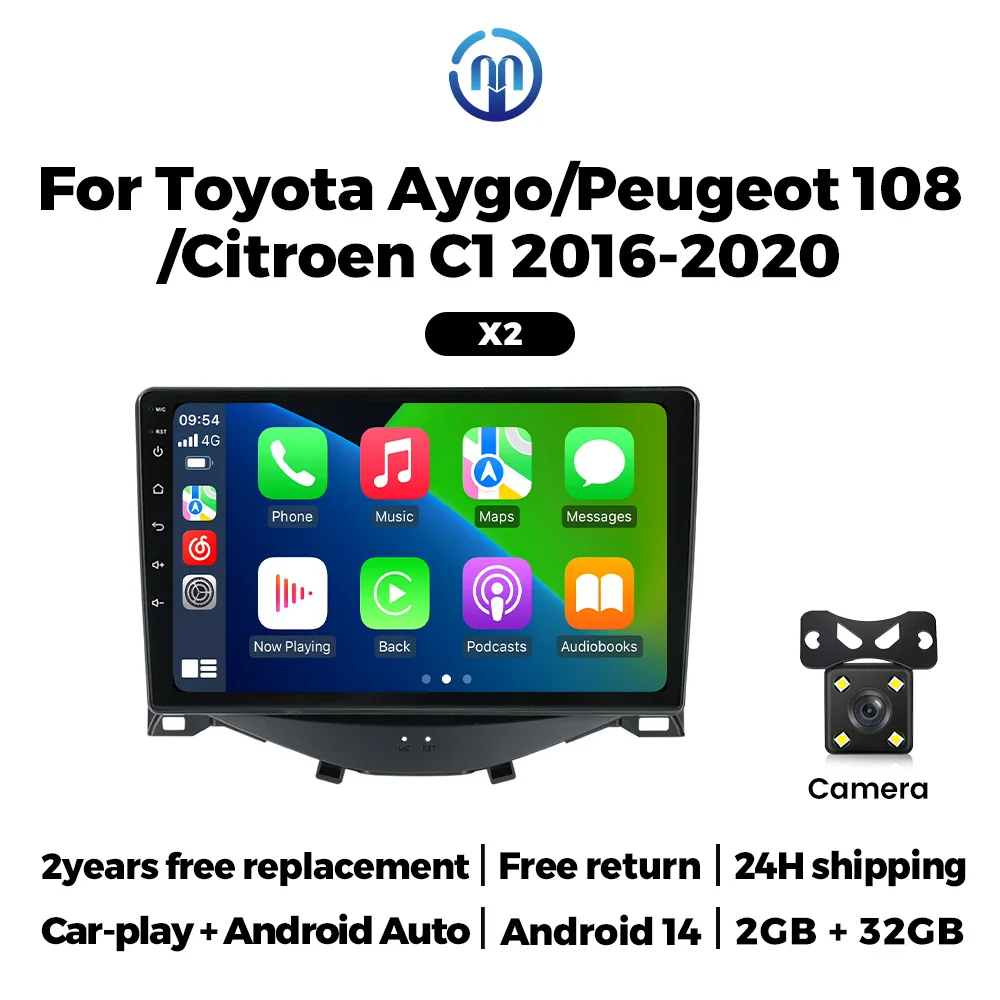 MEKEDE Draadloze CarPlay Android Scherm Autoradio voor Toyota Aygo Peugeot 108 Citroen C1 2016-2020 Autoradio Auto multimedia Speler