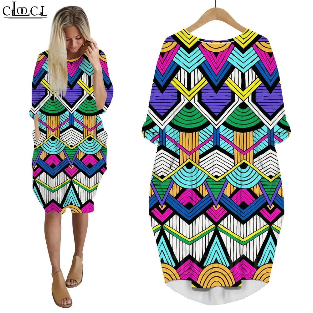 

CLOOCL Dresses Women Long Sleeve Double Pocket Midi Dress Colorful Bohemian Geometry Print Streetwear Y2k Women Clothing