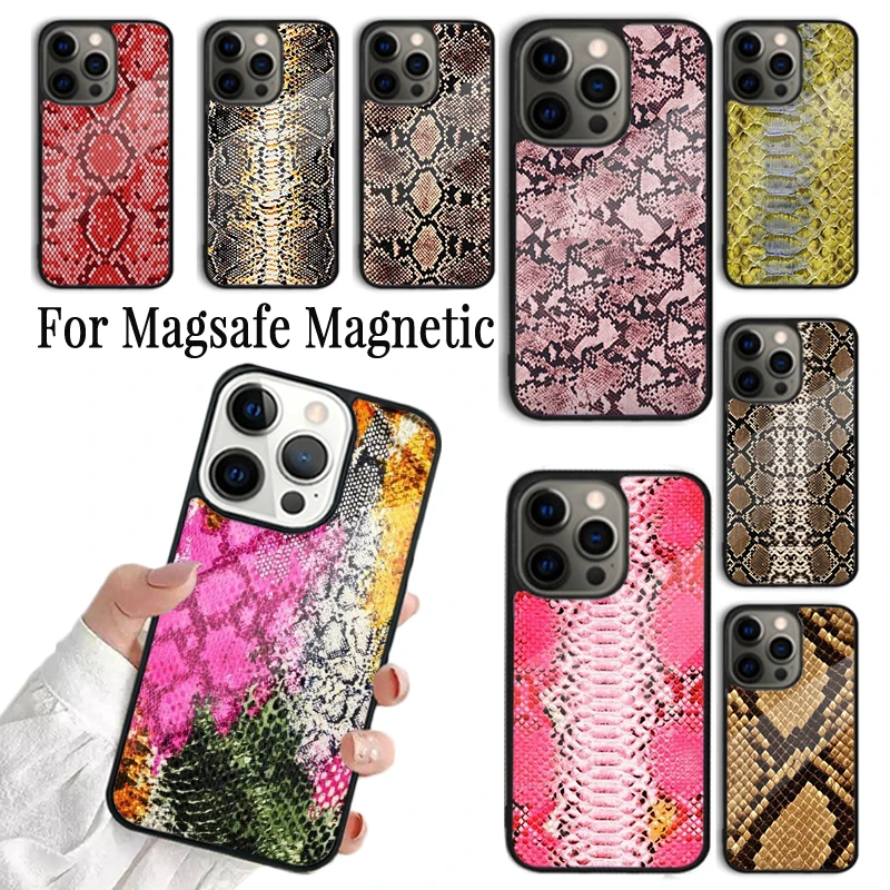 Coque Phone Case For iPhone 16 15 14 13 12 Mini 11 Pro Max Plus Magsafe Magnetic Wireless Charging Cover Snake Skin Print