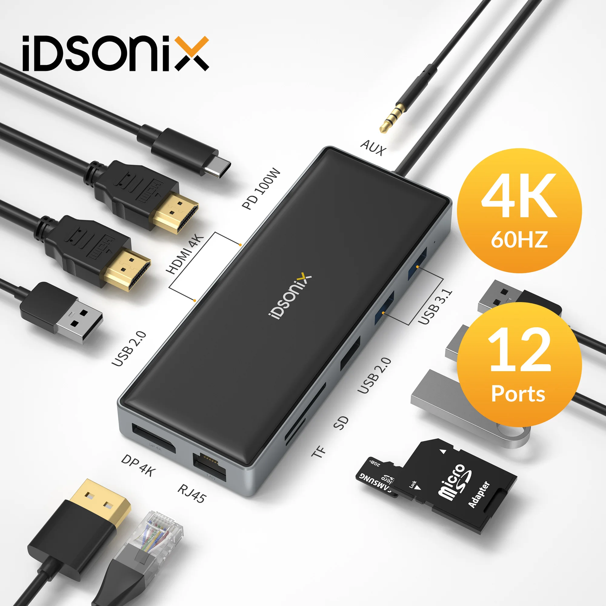 

Док-станция iDsonix, USB C, HDMI, 4K, 60 Гц, 100 Вт, RJ45, SD/TF