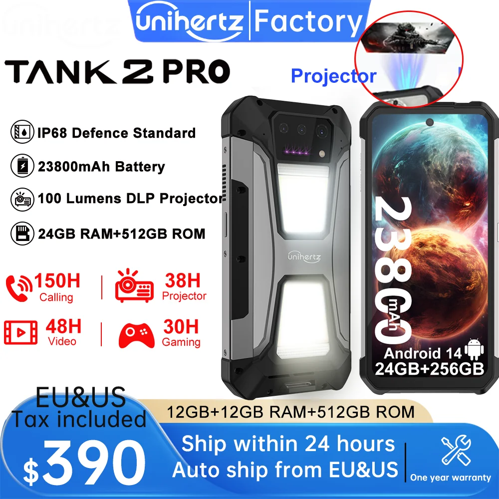 

US MX Warehouse Unihertz 8849 Tank 2 PRO Rugged Smartphone with Projector, Android 14，24 + 256GB 23800mAh battery,120W charger