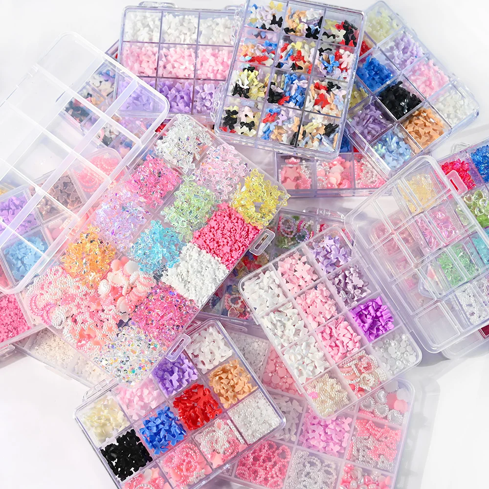 12grid 3D Kawaii Love Heart/Flower/Bowknot Nail Charms (300-1500pcs) +Pen & tweezer Mix Heart Star Bows Pearls Round Rhinestones