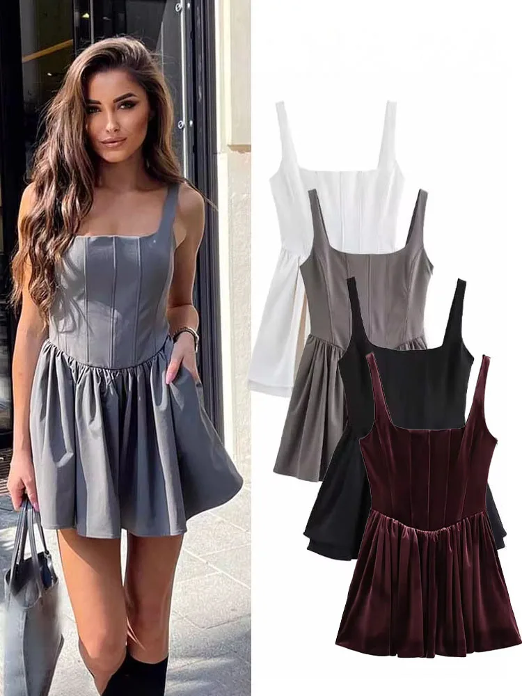 HH 女性用サマーセクシー スリムミニドレス 無地 スクエアカラー ノースリーブ バックレス プリーツ飾り ジッパー付き レディースファッションドレス