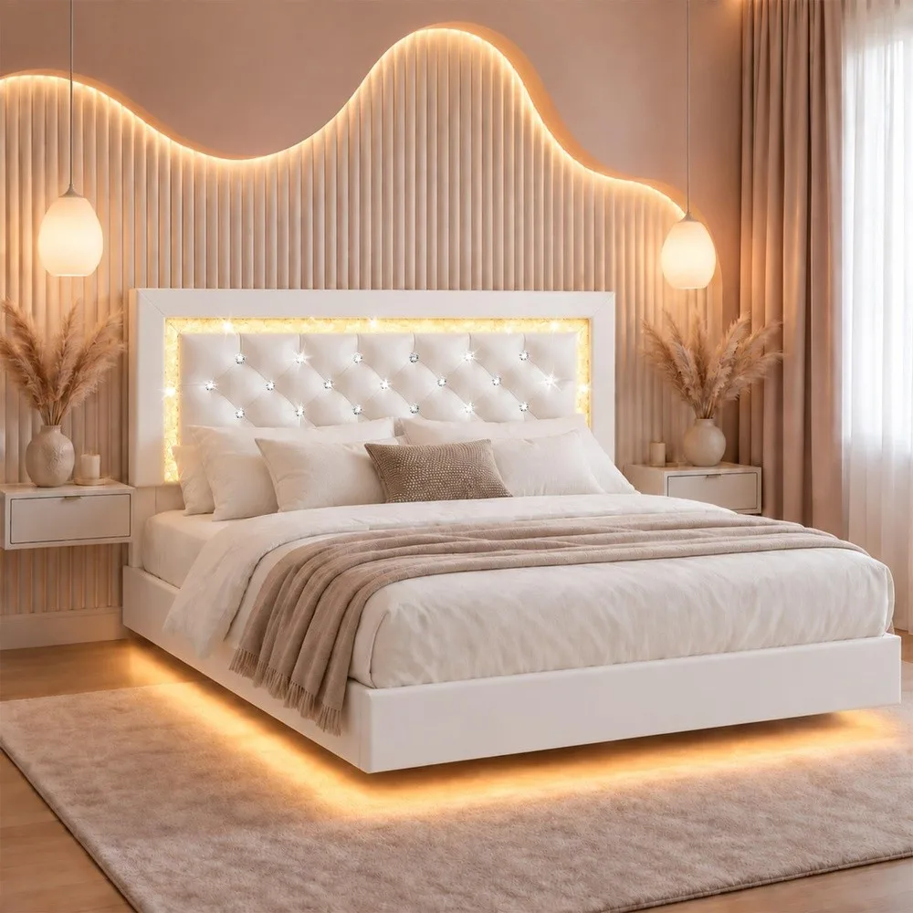 Floating Bed Frame Queen with LED Lights and Diamond Headboard White