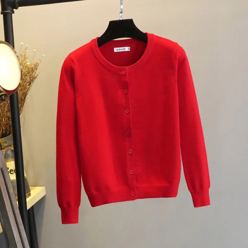 

Red Short Knit cardigan Women 2025 Spring and Autumn New Slim fit Sweater Outerwear round Neck Outdoor Women clothes Top ZT245