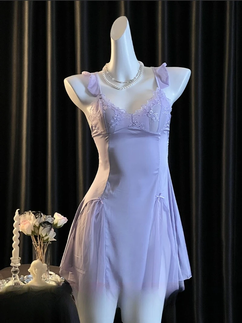 

Lace Ice Silk Strappy Pajama for Women,Chest Cushion Design,Autumn Sexy Nightdress,Slimming Sleepwear with Soft Satin Feel