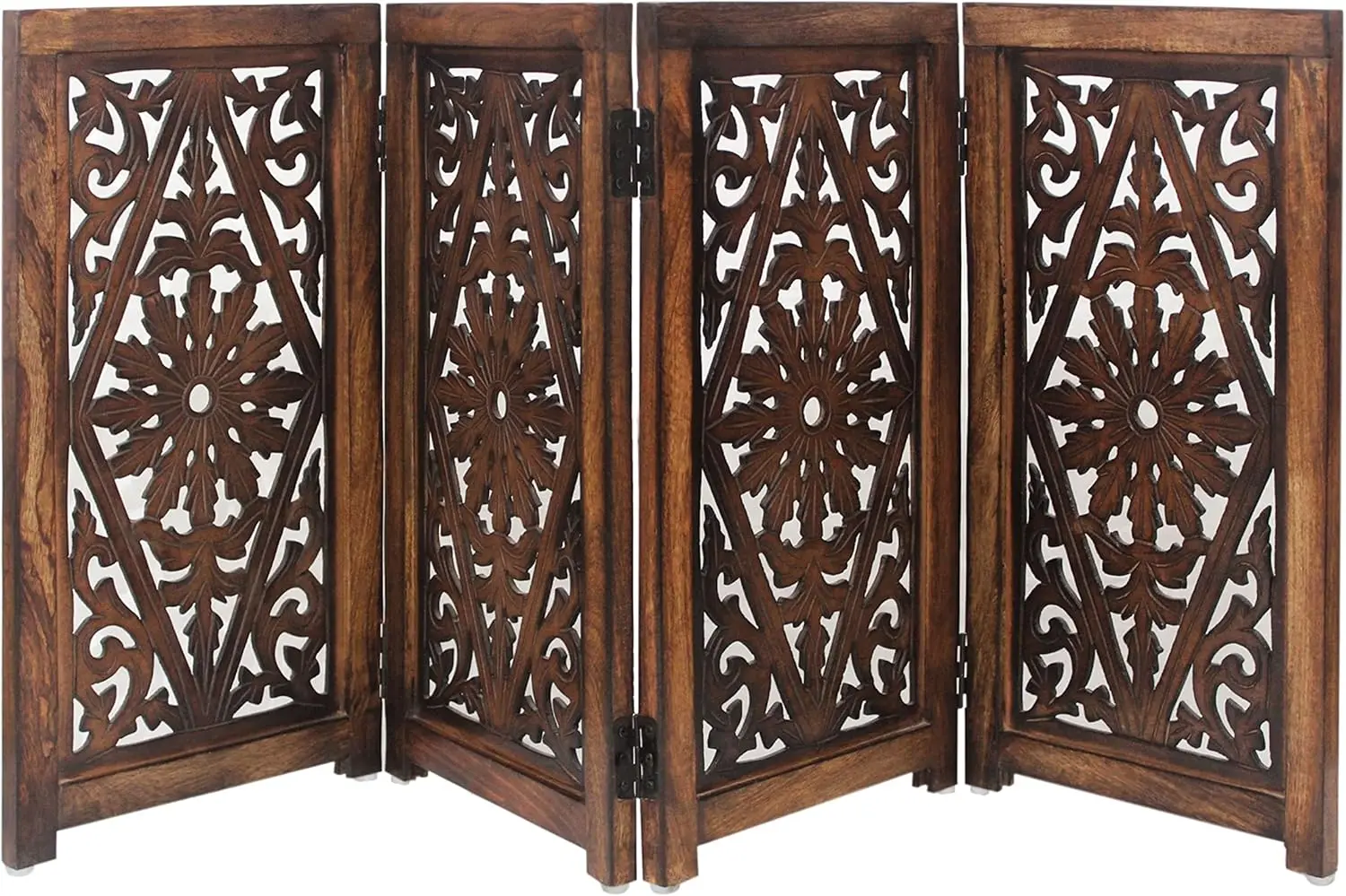 

Indoor Doorway and Stairs, Wooden Foldable Dog Safety Gate in Antique Brown, Hand Carved and Free Standing