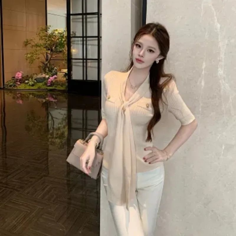 Women Elegant Tweed Style Tie V Neck Mid Sleeve Knit Top Summer Slim Fit Shoulder Fitted Basic Blouse