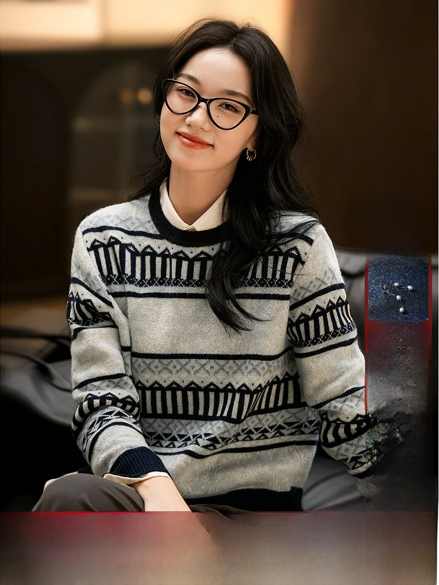 

Xhange Wool Camere Knitted Sweater Geometric Pattern Commute Sle round Ne Long Sve Loose Fit Daily Wear for Women