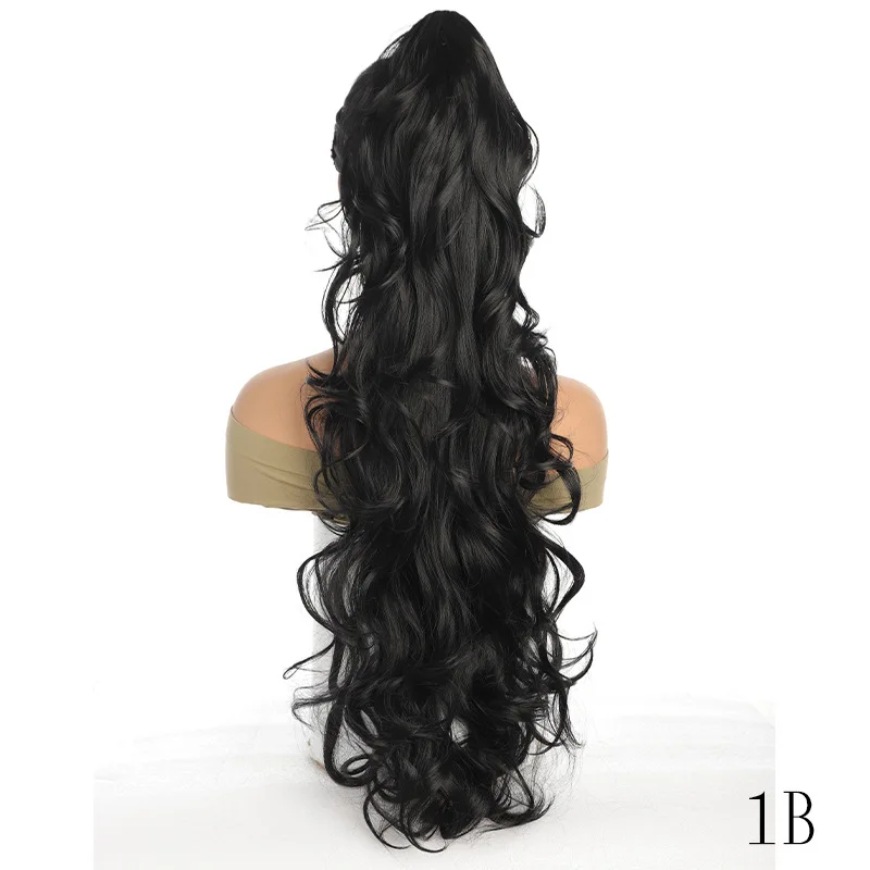 Grab Clip Long Curly Ponytail Synthetic Hair Extension Wig Clip Natural Black Curly Fake Ponytail On Woman's Ponytail