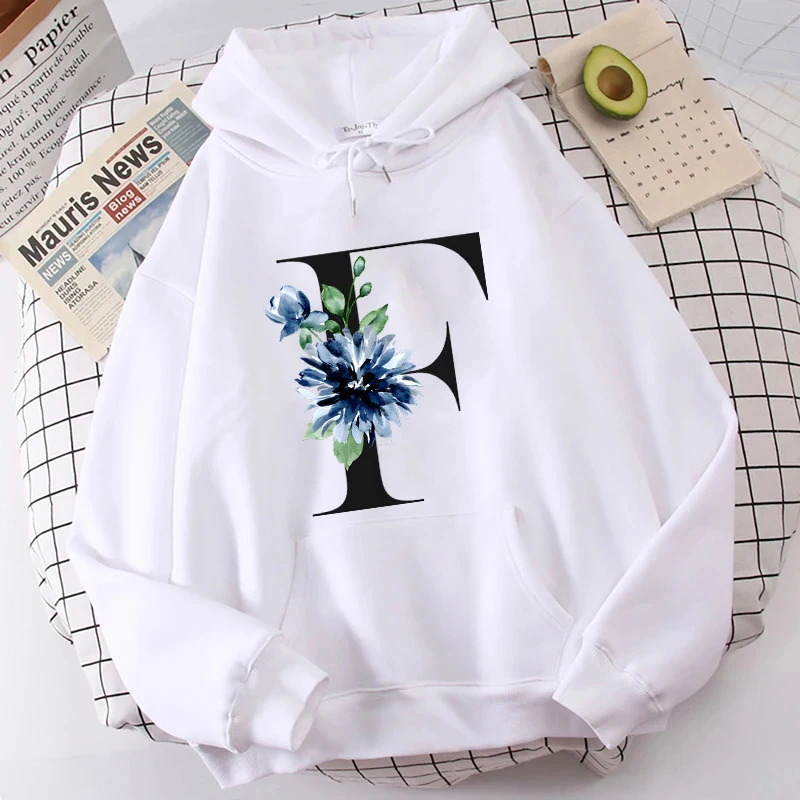 Women Hoodie 26 Alphabet A-Z Flower Letter Print Fashion Casual Hoodies Funny Women's Sweat-shirt Casual Daily White Outerwear