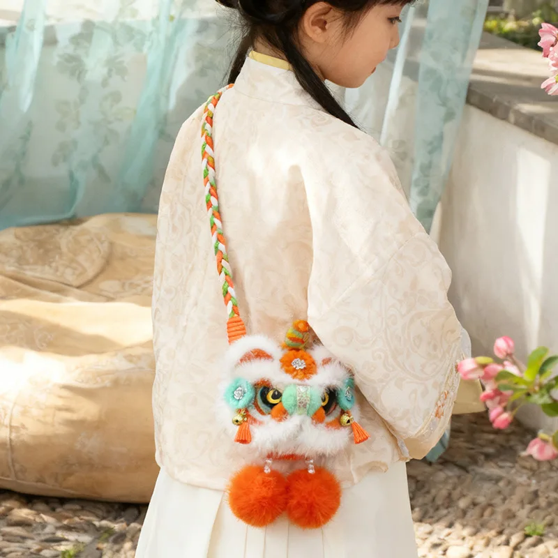 Chinese Style Cute Lion Dance Plush Women Crossbody Bag Handmade Shoulder Bag Soft Hanfu Accessories Key Bag Wallet New Year