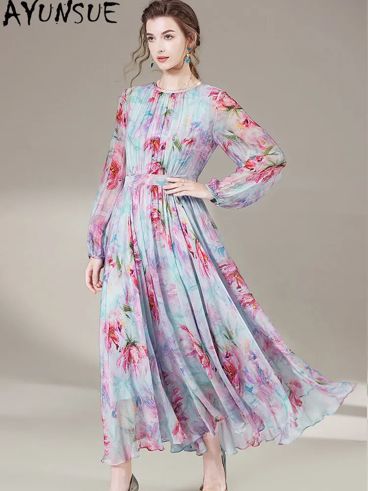 

AYUNSUE 100% натуральное шелковое длинное платье из тутового шелкопряда, элегантные платья для женщин, высококачественная весенняя женская одежда, вечернее платье, женское платье