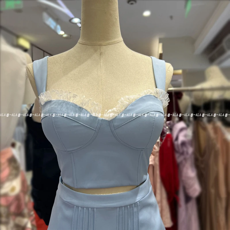 French Sweet Cute Sexy Hot Girl Sleeveless Backless Camisole Crop Tops High Waist Slim Fit Cake Skirt Two-piece Sets for Women