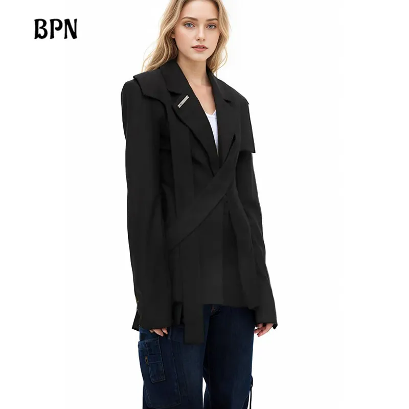 

BPN Casual Formal Blazers For Women Nothced Collar Long Sleeve Patchwork Lace Up Solid Minimlaist Blazer Female Fashion Clothing