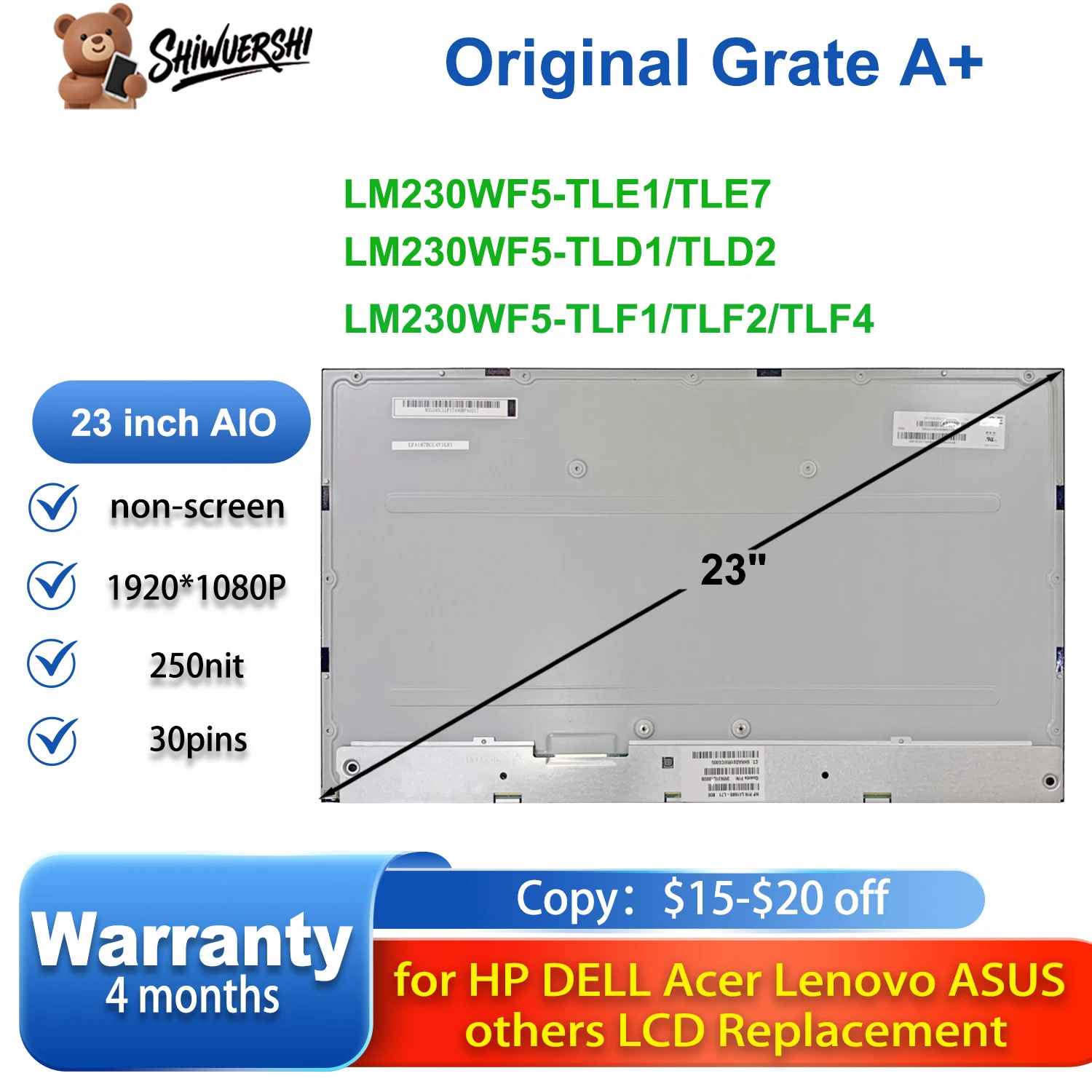 

Original 95% New 23'' LM230WF5 TLD1 TLE1 TLE7 TLF1 TLF2 TLD2 TLF4 SLF1 LCD Screen Display Glass Display Monitor