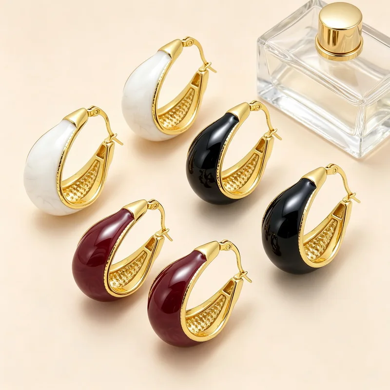 KALEN Retro Chunky Women Stainless Steel Hoop Earrings Glossy Enamel U‑Shape Click Closure Fashion Daily Party Ear Jewelry Gift