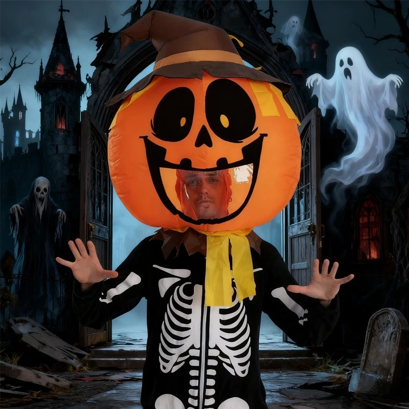 Halloween Inflatable Pumpkin Head Costume Scarecrow Witch Hat Pumpkin Funny Party Cosplay Blow Up Head Mask for Adult