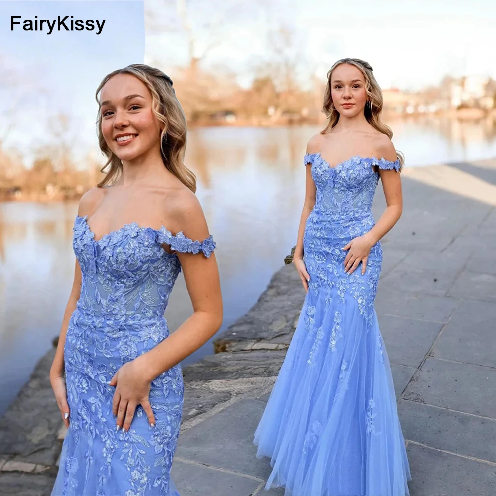 

FairyKissy Blue Lace Prom Dresses Sexy Mermaid Formal Evening Dresses Special Occasion Dresses Off Shoulder Party Gowns